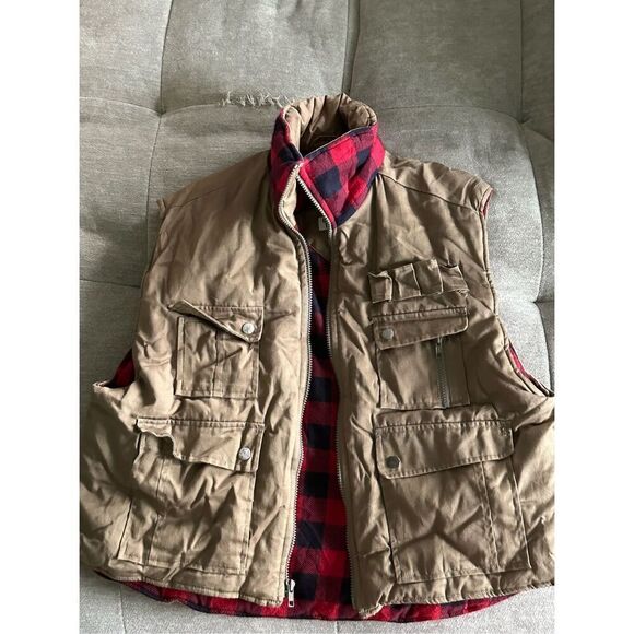 Ozark Trail Vest 90s streetwear Mens Utility Tan Red Black Buffalo Plaid Hunting - Picture 8 of 10